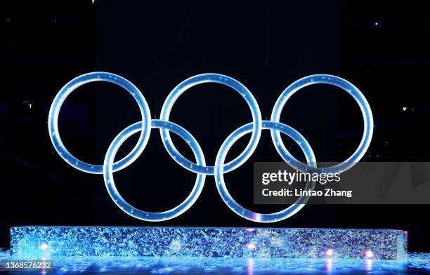 Large Olympic ring logo is seen inside the stadium during the Opening Ceremony of the Beijing 2022 Winter Olympics at the Beijing National Stadium on...