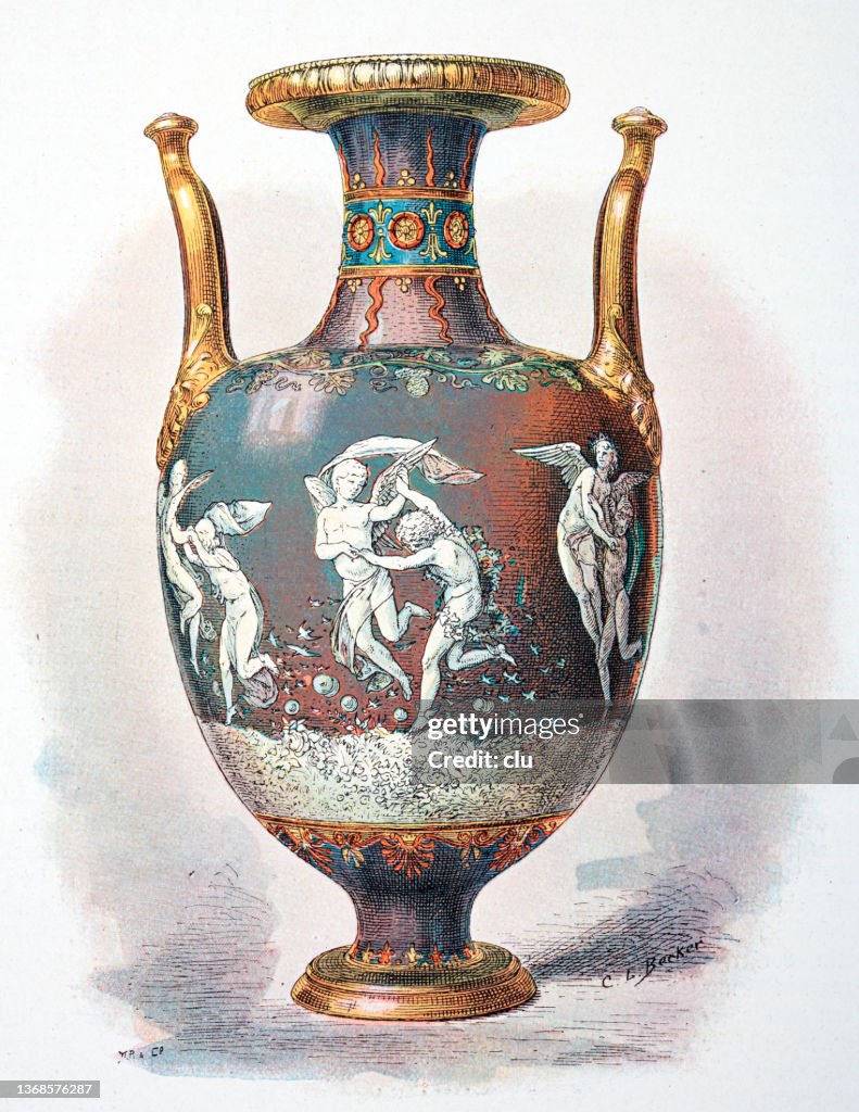 Vase with brush relief: angels dance the spring happiness, decorated by Marc-Louis Emanuel Solon