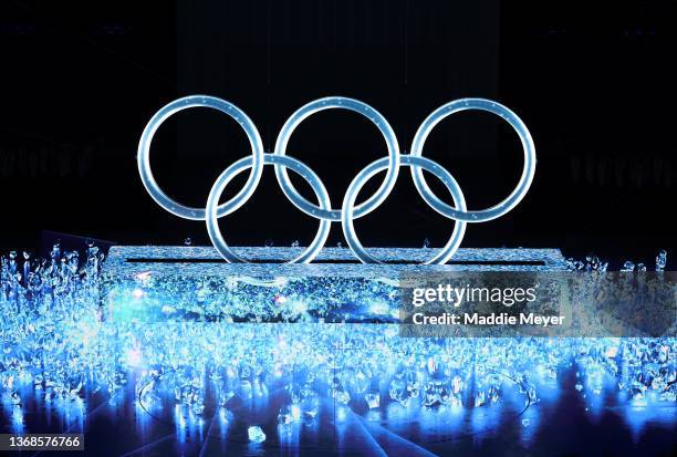 Large Olympic ring logo is seen inside the stadium during the Opening Ceremony of the Beijing 2022 Winter Olympics at the Beijing National Stadium on...