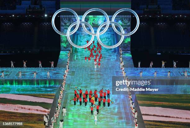 Flag bearers Loena Hendrickx and Armand Marchant of Team Belgium carry the flag of Belgium during the Opening Ceremony of the Beijing 2022 Winter...
