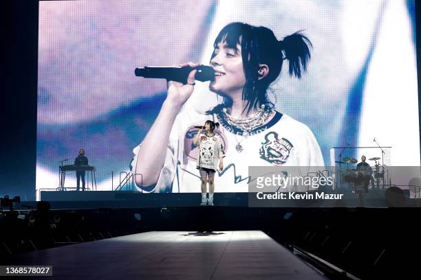 Billie Eilish performs onstage during her "Happier Than Ever" tour opener at Smoothie King Center on February 03, 2022 in New Orleans, Louisiana.