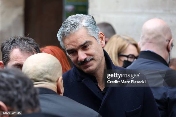François Vincentelli offers his condolences to Krzysztof Leon Dziemaszkiewicz during Thierry Mugler's funerals at Oratoire Du Louvre on February 04,...