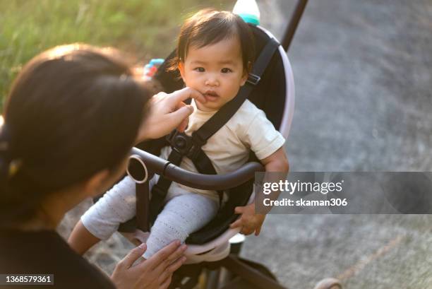 high angle mother  pushing baby stroller with her daughter leisure outdoor against sunlight sunset time at countryside - baby pram in the park stock pictures, royalty-free photos & images