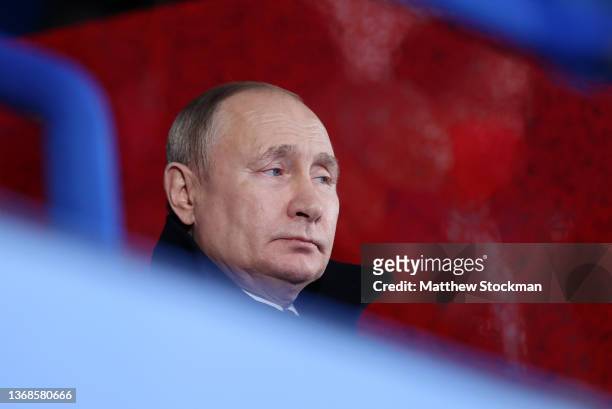 Vladimir Putin, President of Russia looks on during the Opening Ceremony of the Beijing 2022 Winter Olympics at the Beijing National Stadium on...