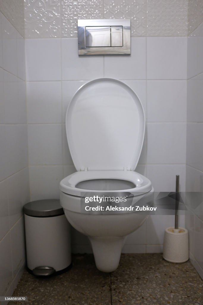 New ceramic toilet bowl in a modern bathroom. Next to the toilet brush and trash can. The concept of personal hygiene.