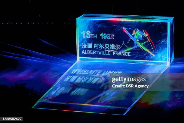 Graphic of the 16th Olympic Games in Albertville France is seen during the opening ceremony of the Beijing 2022 Olympic Games at the National Stadium...