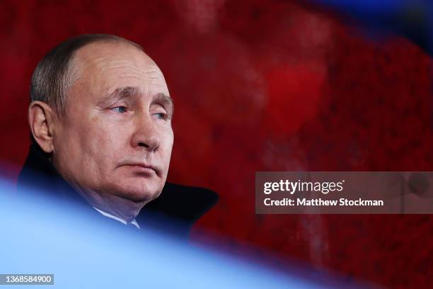 Vladimir Putin, President of Russia looks on during the Opening Ceremony of the Beijing 2022 Winter Olympics at the Beijing National Stadium on...