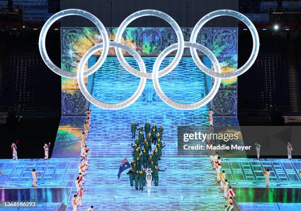 Flag bearers Brendan Kerry and Laura Peel of Team Australia carry their flag during the Opening Ceremony of the Beijing 2022 Winter Olympics at the...