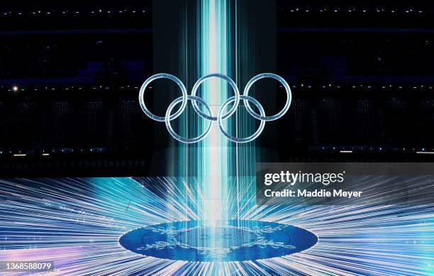 General View inside the stadium as a large Olympic ring logo and a large snowflake are seen during the Opening Ceremony of the Beijing 2022 Winter...