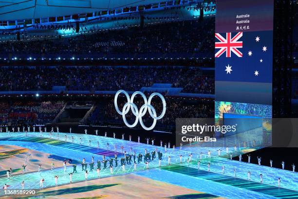 Flag bearers Brendan Kerry and Laura Peel of Team Australia carry their flag during the Opening Ceremony of the Beijing 2022 Winter Olympics at the...