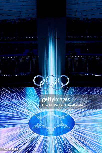 General View inside the stadium as a large Olympic ring logo and a large snowflake are seen during the Opening Ceremony of the Beijing 2022 Winter...