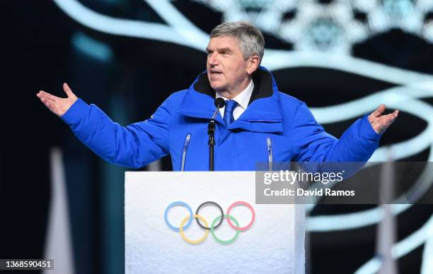 Thomas Bach, IOC President makes a speech during the Opening Ceremony of the Beijing 2022 Winter Olympics at the Beijing National Stadium on February...