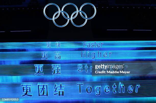 Projection display is seen of the Olympic ring logo and the Olympic motto during the Opening Ceremony of the Beijing 2022 Winter Olympics at the...