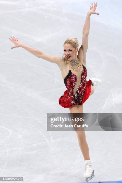 Alexa Knierim of USA skates in the Pair Skating Short Program Team Event during the Beijing 2022 Winter Olympic Games at Capital Indoor Stadium on...