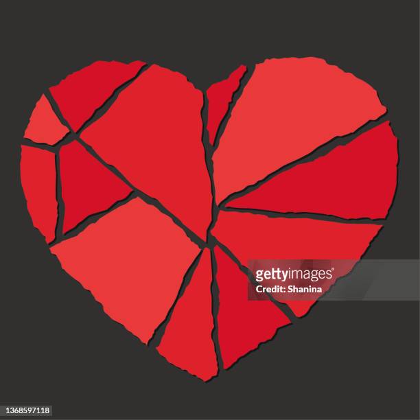 broken heart - red torn papers - black background - grief stock illustrations