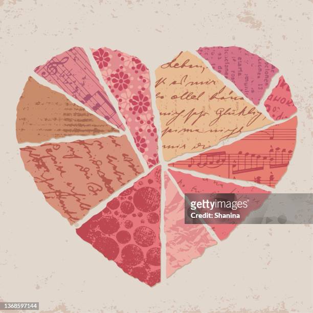 broken heart - torn vintage papers - image montage stock illustrations