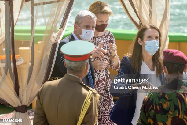 Queen Mathilde of Belgium and Foreign Minister Sophie Wilmès board the tugboat Bieke during a presentation of the Port of Duqm on February 4, 2022 in...