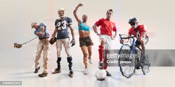 group of amateur athletes and sports people with glitch effects - man studio shot stock pictures, royalty-free photos & images