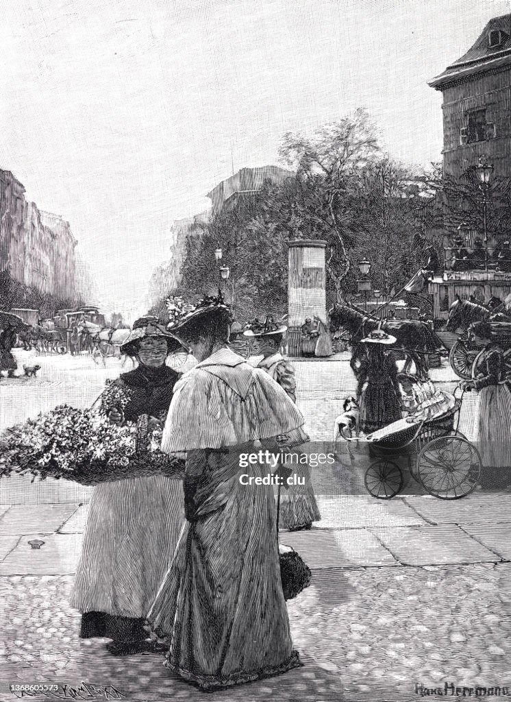 Berlin, Potsamer Platz, flower seller in the foreground and city life in the background