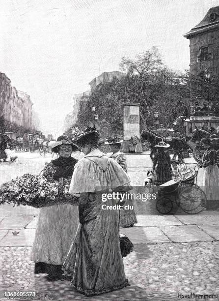 berlin, potsamer platz, flower seller in the foreground and city life in the background - potsdamer platz stock illustrations