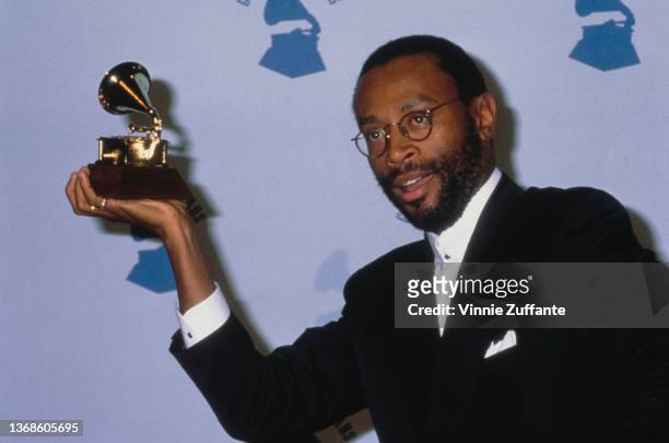 American singer, songwriter and musician Bobby McFerrin in the press room of the 31st Annual Grammy Awards, held at the Shrine Auditorium in Los...