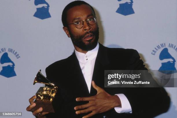 American singer, songwriter and musician Bobby McFerrin in the press room of the 31st Annual Grammy Awards, held at the Shrine Auditorium in Los...