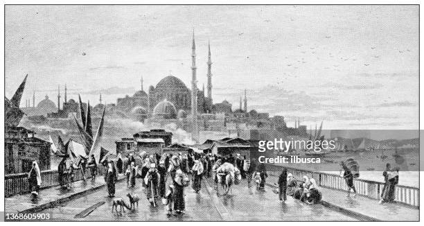 antike reisefotografien von konstantinopel (istanbul): galatabrücke - menai straits stock-grafiken, -clipart, -cartoons und -symbole