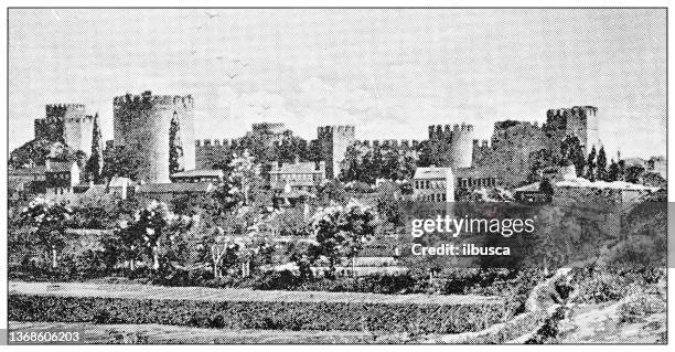 antique travel photographs of constantinople (istanbul): old walls - fort stock illustrations