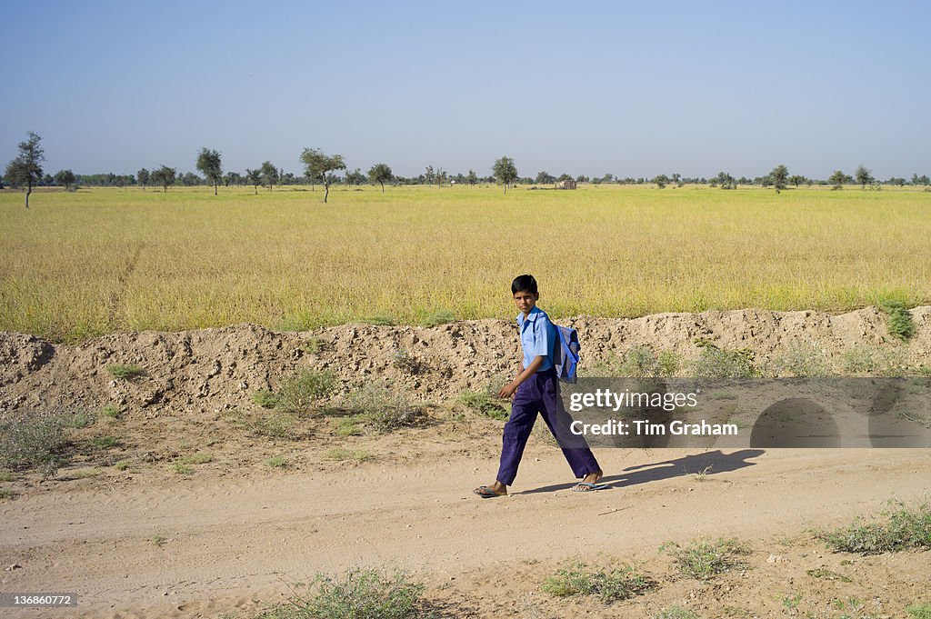Schoolboy Walking Barefoot to School, Rajasthan, India
