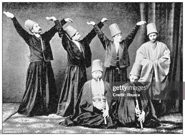 stockillustraties, clipart, cartoons en iconen met antique travel photographs of constantinople (istanbul): whirling dervishes - ottoman empire