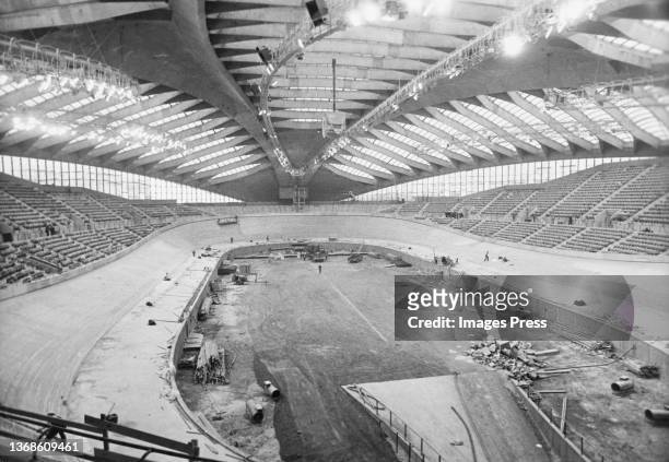 Interior view of the Olympic Velodrome under construction in the Olympic Park in preparation for the 1976 Summer Olympics, in Montreal, Canada, circa...