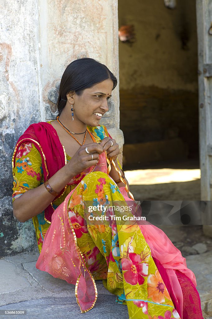 Indian Bride Sews Veil at Home, Rajasthan, India