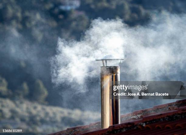 smoking winter chimney on a roof expelling polluting smoke from a diesel heating. - chimenea industrial fotografías e imágenes de stock
