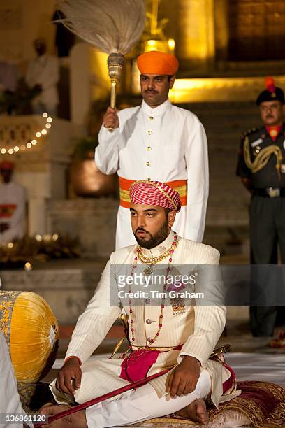 Lakshaya Raj, son and heir of 76th Maharana of Mewar, Shriji Arvind Singh Mewar of Udaipur, attends Holi Festival at the City Palace, Rajasthan,...