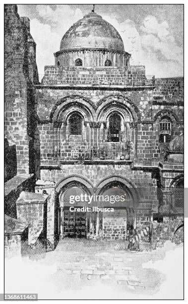antique travel photographs of jerusalem and surroundings: entrance of the church of the holy sepulchre - church of the holy sepulchre 幅插畫檔、美工圖案、卡通及圖標