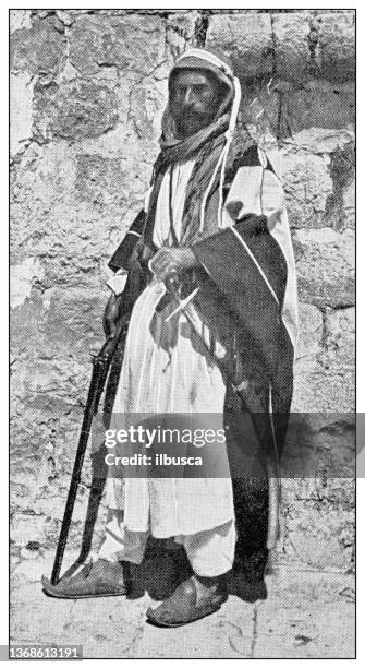 antique travel photographs of jerusalem and surroundings: bedouin - arab culture stock illustrations