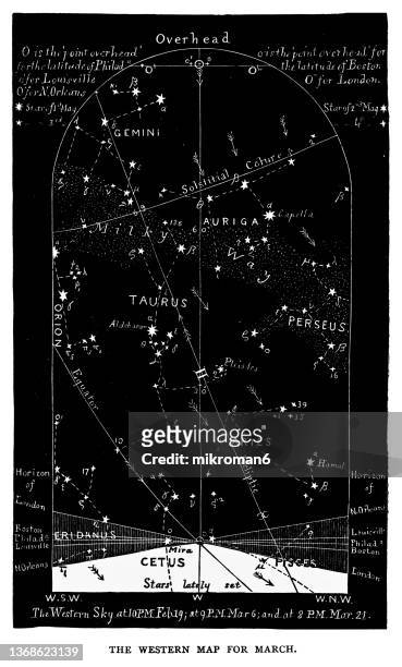 old engraved illustration of astronomy - western night sky star chart for march - westby stock pictures, royalty-free photos & images