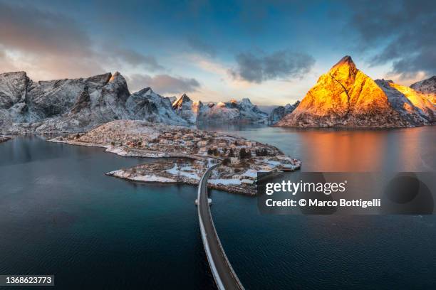 aerial view of reine, lofoten islands, norway - reine stock pictures, royalty-free photos & images