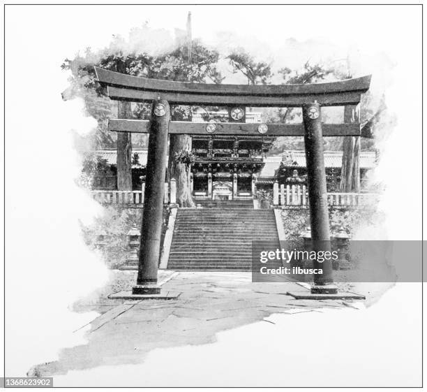 antique travel photographs of japan: torii gate - torii gate stock illustrations