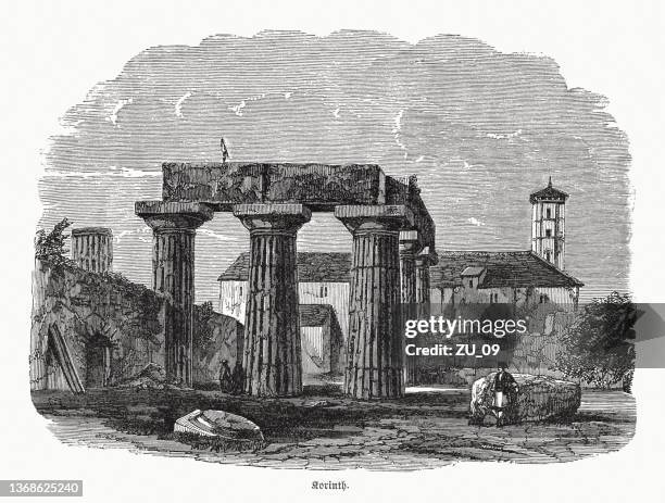 temple of apollo at corinth, greece, wood engraving, published 1862 - corinth stock illustrations
