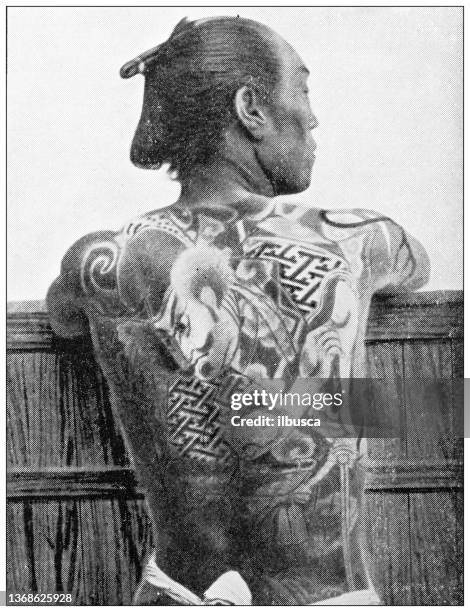 stockillustraties, clipart, cartoons en iconen met antique travel photographs of japan: tattooed man - japanese ethnicity