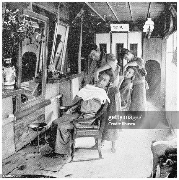 antique travel photographs of japan: barber shop - archival business stock illustrations