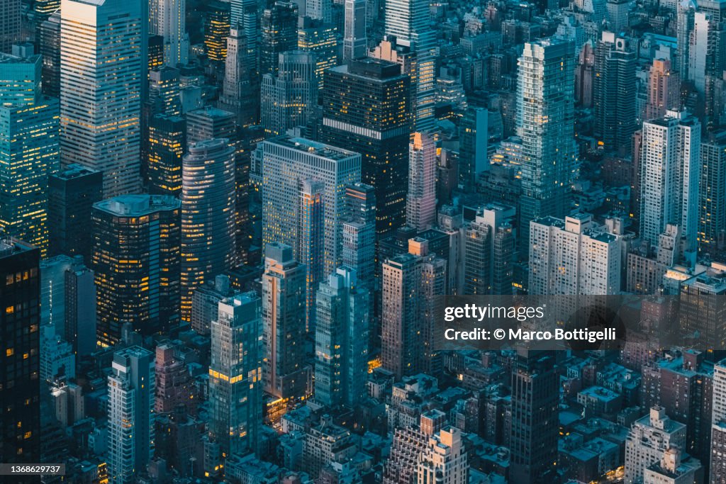 Aerial view of New York City skyline at night