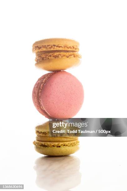 a selection of french macaroons,close-up of macaroons against white background,indianapolis,indiana,united states,usa - macaron photos et images de collection