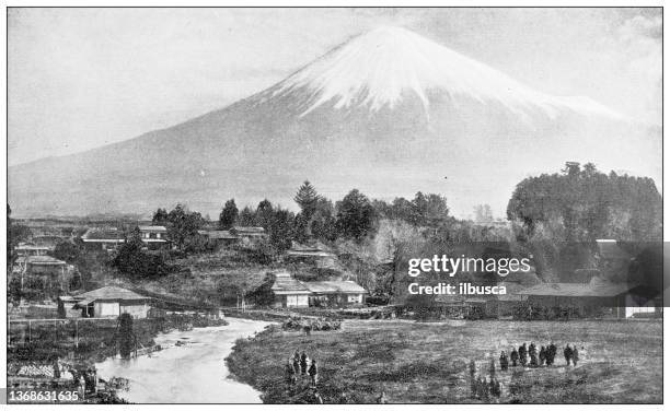 antique travel photographs of japan: mount fuji - east asian ethnicity stock illustrations