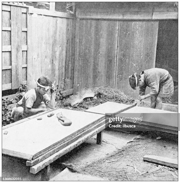 antique travel photographs of japan: mat makers - mattress stock illustrations