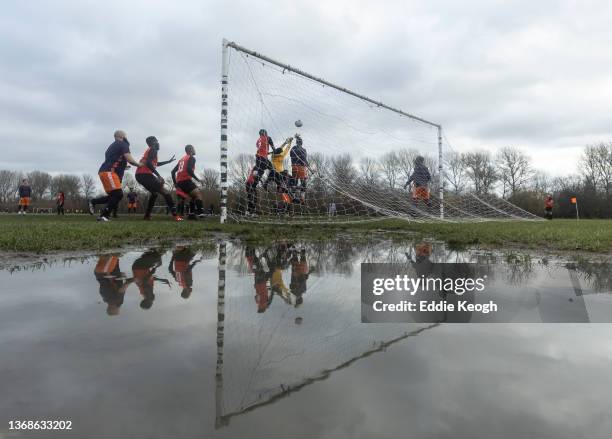 Milfields FC defend a corner against H and L All Stars at Hackney Marshes on December 12, 2021 in London, England.