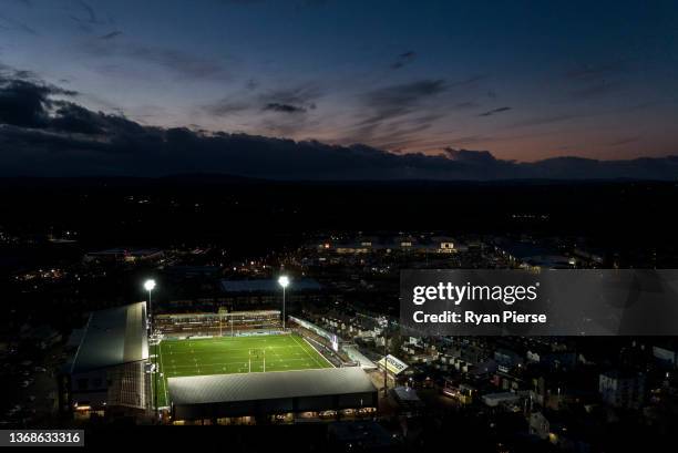 An aerial view of Kingsholm before the Gallagher Premiership Rugby match between Gloucester Rugby and London Irish at Kingsholm Stadium on February...