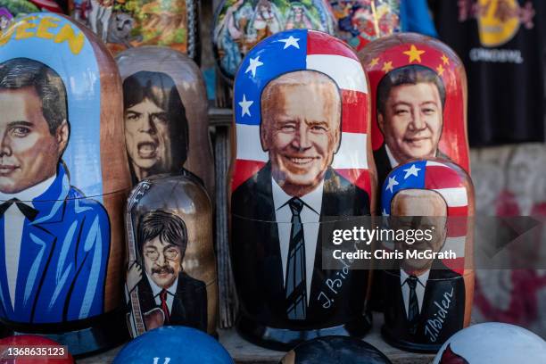 Russian nesting dolls of U.S President Joe Biden and Chinese leader Xi Jinping are seen at a souvenir stand on February 04, 2022 in Kyiv, Ukraine....