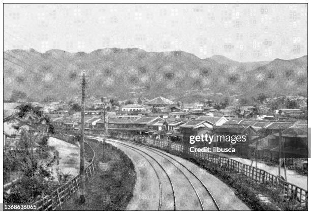 antique travel photographs of japan: japanese railway - japan train station stock illustrations
